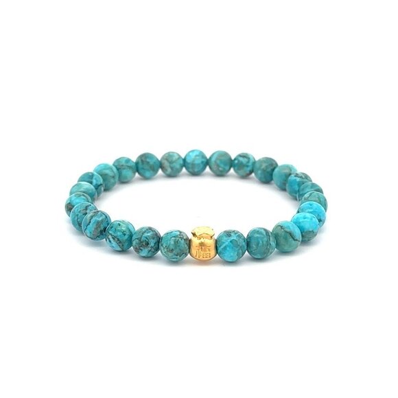 24K Yellow Gold Money Bag Lucky Bracelet Turquoise Gemstones 6mm